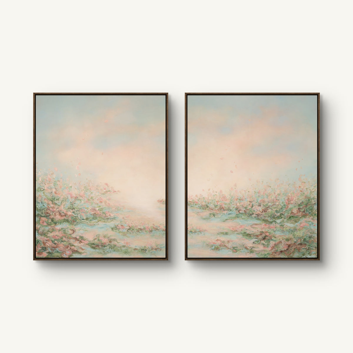 Presence I and II canvas prints hung together in dark oak floating frames