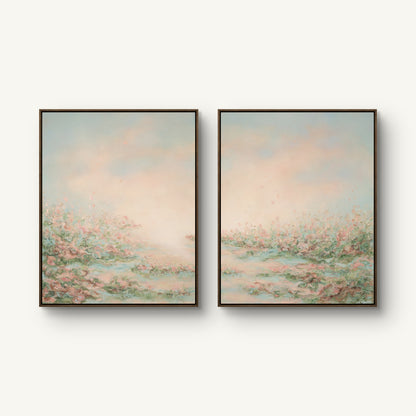 Presence I and II canvas prints hung together in dark oak floating frames