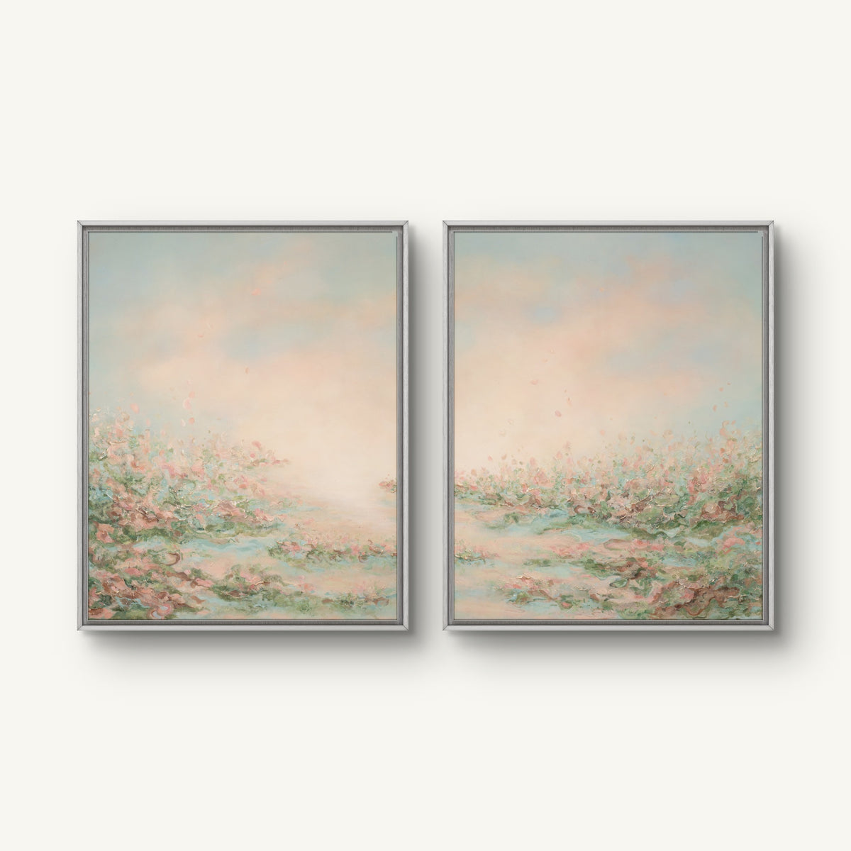 Presence I and II canvas prints hung together in white floating frames