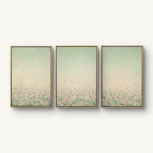 Wake me in June, all three panels hung together in oak floating frames