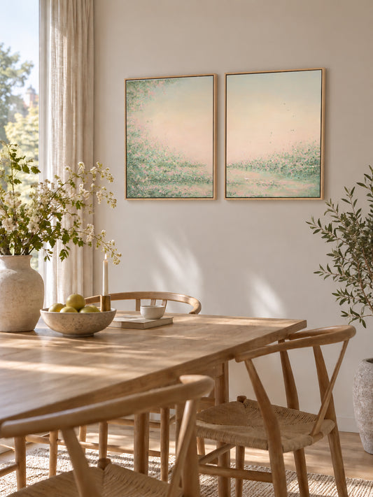 Daydream I and II canvas prints by Mari Ringsaker shown hung as a pair on a wall