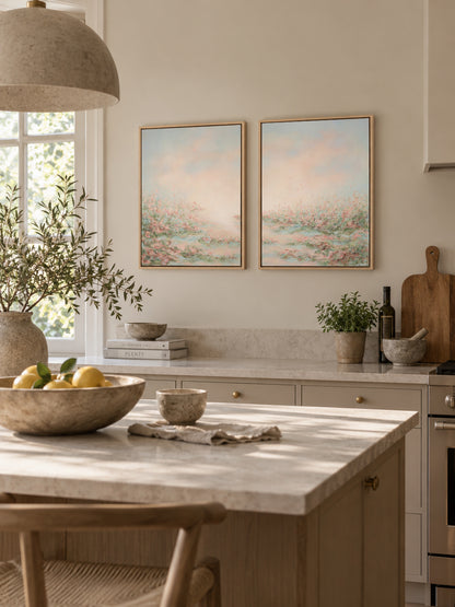 Presence I and II canvas prints by Mari Ringsaker shown hung as a pair on a wall
