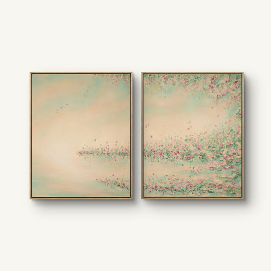 Light touch I and II canvas prints hung together in oak floating frames