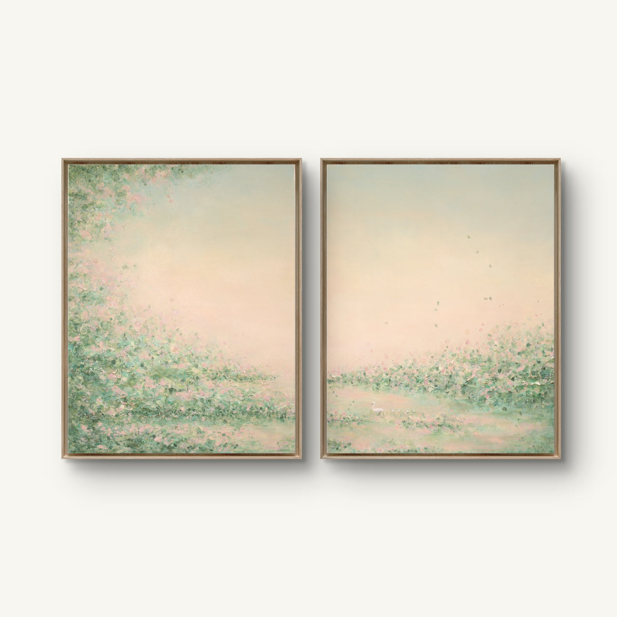 Daydream I and II canvas prints hung together in oak floating frames