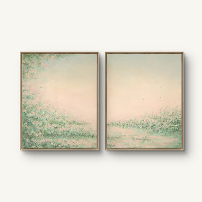 Daydream I and II canvas prints hung together in oak floating frames