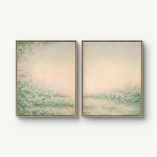 Daydream I and II canvas prints hung together in oak floating frames